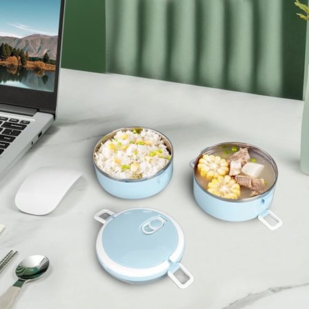 Isolert matboks, stablebar varm mat Isolert boks 304 rustfritt stål, rund matboks Lufttett matbeholder (blå med dobbelt lag)