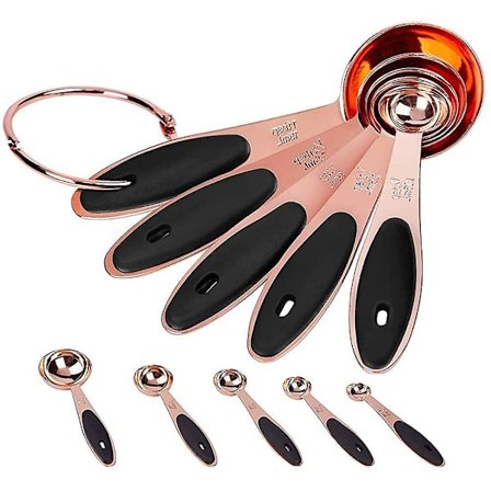 Tykkerede rustfrie stålmåleskesæt med 5 målebægre med ring