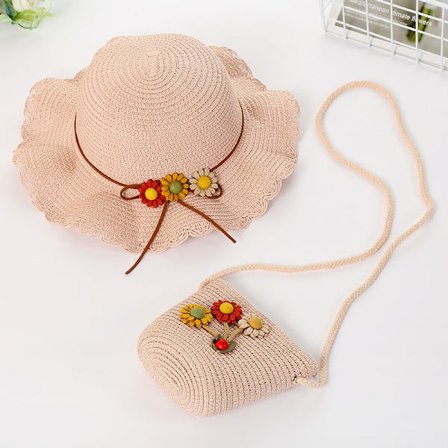 #Jente Straw Hat Sol og Liten Veske Sett med Blomsterdekorasjon Anti-UV Sommerhatt for Barn Strand Reise Vandring 3-7 År#