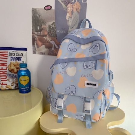 Student skolväska ny tjej stor kapacitet student skolväska kvinnlig söt tryckt ryggsäck reseryggsäck-blå