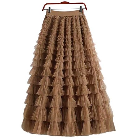 Multi-lags tylskørt til kvinder med flæser, høj talje, mørk khaki