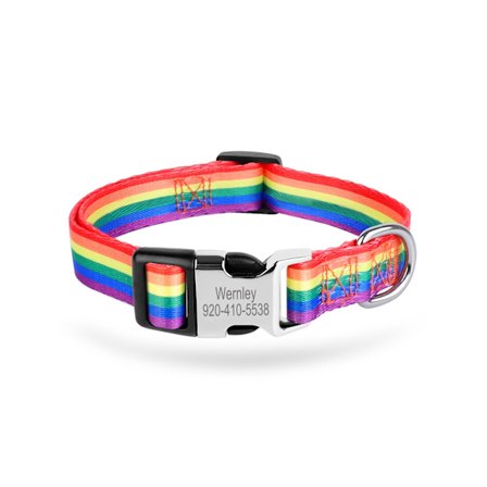 (Brugerdefineret) Laserindgraveret metalspænde hundehalsbånd, information der kan tilpasses, forskellige trendy prints, justerbar størrelse, egnet til