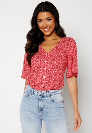 Happy Holly Malini button frill top Red / Floral Klær