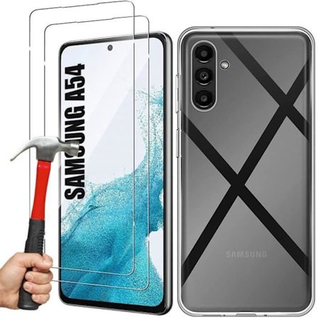 Coque til Samsung Galaxy A54 - E.F.CONNECTION - Forstærket silikone - 2 hærdede glas inkluderet - Gennemsigtig