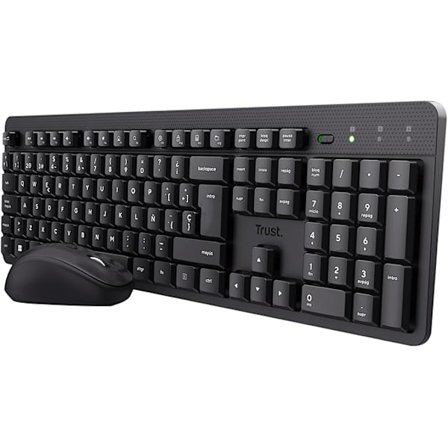 Ymo II set Spanskt QWERTY trådlöst tangentbord och mus, tyst knapp, låg profil, stänksäker, en USB-mottagare, Windows, Mac, PC, Laptop - Svart