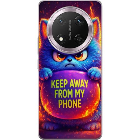 Kompatibelt Mobildeksel til Honor Honor Magic7 Lite Sinna lodne blå katt med teksten "Hold deg unna telefonen min" i neonfarger og ildlignende effekt