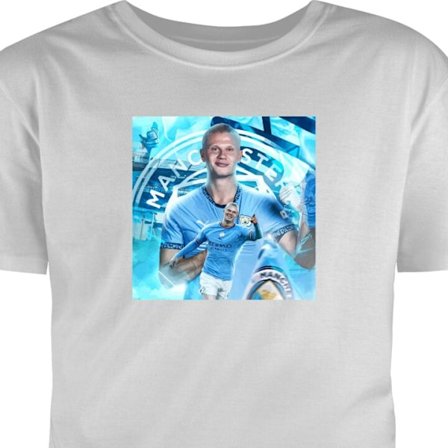 Børne T-shirt Erling Haaland Manchester City Norge klinisk angriber med kraft, hastighed og topinstinkt, der gør ham næsten ustoppelig