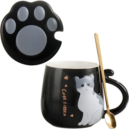 Sød Keramisk Krus Kaffekop med Dejligt Kattepote-låg Rustfrit Stål Ske, Specielt Te Kopsæt 450ml/16oz (Sort)