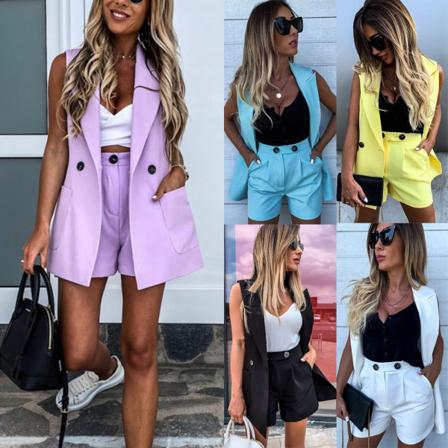 Kvinnor Ärmlös Solid Button Up Elastisk Midja Blazer Tops Pock