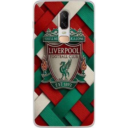 Yhteensopiva Puhelinkuori OnePlus OnePlus 6 Liverpool Football Clubin tunnus, jossa You'll Never Walk Alone voimakkaassa graafisessa suunnittelussa in