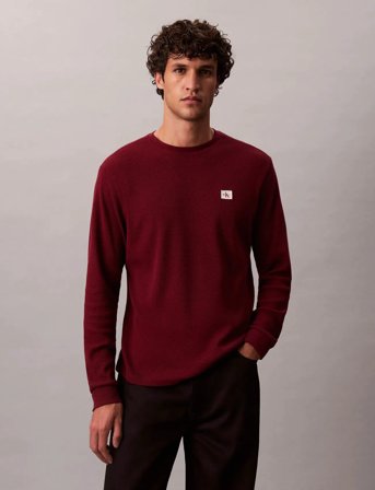 Calvin Klein Jeans Ls Waffle Badge Crewnk Tee - Burgundy - XS