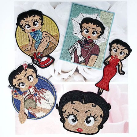 Set med 5, Betty, söta broderade strykmärken och påsybara märken för