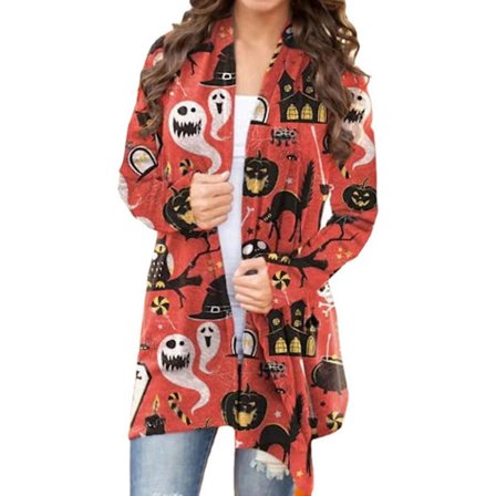 Dam Cardigan Långärmad Söt Casual Halloween Öppen Fram Cardigan Kappa För Kvinnor
