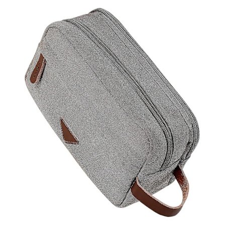 Mænds Rejsetoilettaske Med Dobbelt Rum Canvas Læder Kosmetik Makeup Organizer Barber Dopp Kits - Grå