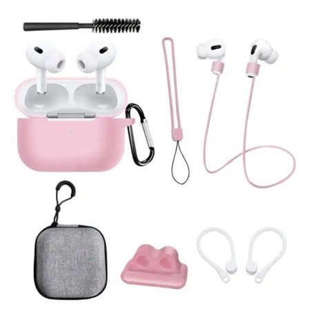 AirPods Pro 2 silikondeksel med oppbevaringspose og tilbehør - Rosa
