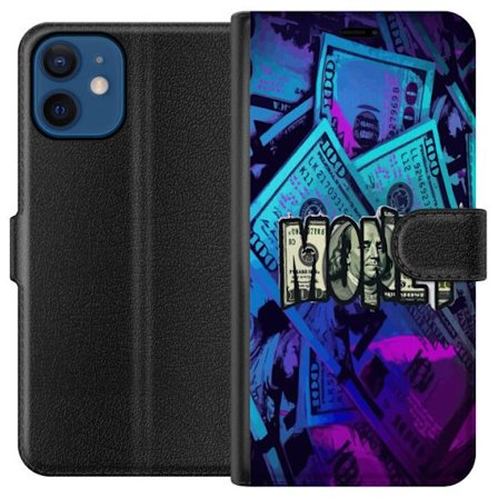 Apple iPhone 12 Lommeboketui Money motiv dollar sedler blå og lilla fargetema med stort money tema perfekt for luksus økonomi og grafisk design
