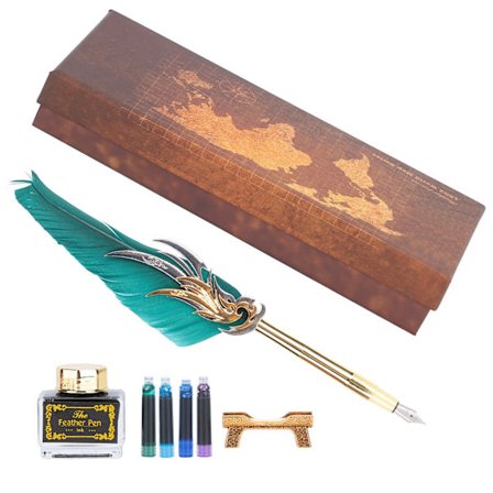 Fjærpenn Kalligrafi Skrivesett Vintage Metall Retro Dip Quill Kit med Blekkpose SP270Svart Grønn