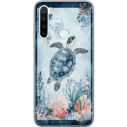 Yhteensopiva Puhelinkuori Xiaomi Redmi Note 8 Akvarellimaalaus merikilpikonna korallien ja meduusojen joukossa rauhallisessa sinisessä vedenalaisessa