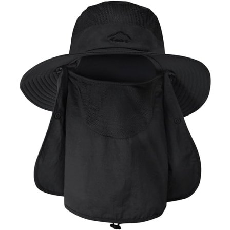 Udendørs hat til kvinder, camping, fiskeri, cykling, solbeskyttelseshætte med aftagelig klap, nakkebeskyttelse, anti-UV, sort sort