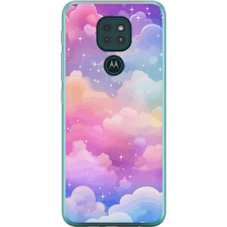 Kompatibelt Mobildeksel til Motorola Moto G9 Play Søt enhjørning med regnbuefarget hår mot en stjernebelagt pastellbakgrunn i kawaii-stil
