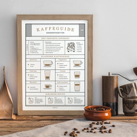 Plakat med Kaffeguide fra Gehalt - velafstemte opskrifter til den perfekte kop kaffe