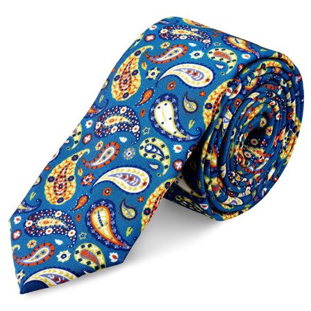 Virtuo | 6 cm Blue and Yellow Paisley Silk Necktie for Men - Skinny ties