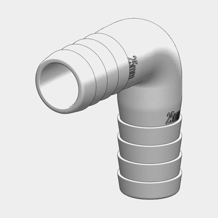 Koleno TruDesign Tail to Tail Connector, kompozit, 90°, 25 mm (1") hadice, bílá