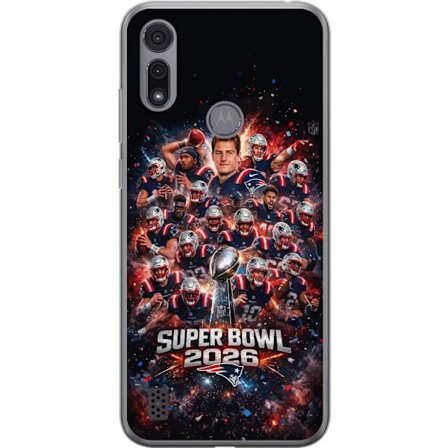 Yhteensopiva Puhelinkuori Motorola Moto E6i Super Bowl 2026 juliste, jossa New England Patriots ja NFL-mestaruuspalkinto räjähtävän urheilullisessa su