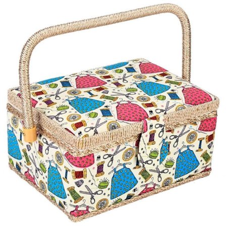 Sybehörskorg med löstagbar bricka, 3 färger, nål- och trådorganisatör, tygförvaringslåda med nåldyna och innerficka, hemhantverksverktyg