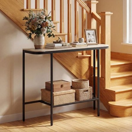 COSTWAY Sisäänkäynnin Konsoli, jossa on Synteettinen Marmori ja Metallikehys 110 x 30 x 91 cm (P x L x K) Harmaa ja Musta