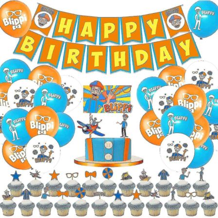 Bursdagsfestutstyr 68 deler sett inkludert 1 pakke Blippi Happy Birthday Banner, 24 stk lateksballong tao