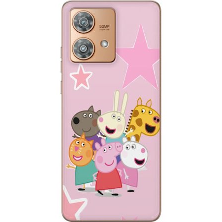Yhteensopiva Puhelinkuori Motorola Edge 40 Neo Peppa Possu ja ystävät kerääntyneinä tähtien kanssa vaaleanpunaisella taustalla, värikäs lasten kuvitus