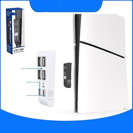 6-ports USB-hub för PS5 Slim-konsol, 6-i-1 USB-förlängare, höghastighetsutbyggnadsadapterladdare för PS5 Slim-tillbehör