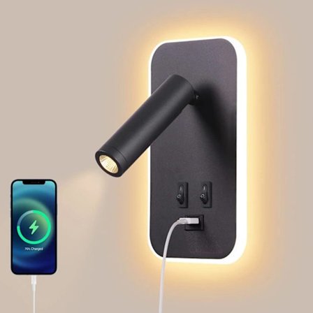 LED væglampe, læselampe ved sengekanten med kontakt, USB-opladningsport, stemningsbelysning i soveværelset Justerbar spotlight sort [Energiklasse F]