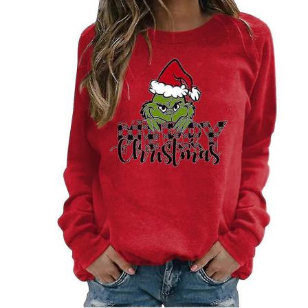 Kvinders Juletrøje med Grinch Print, Langærmet, Rundhals, Casual Pullover Top (FMY)BY Red L