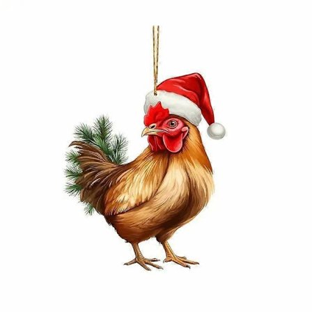 Kylling Med Hatt Juletre Flat Hengende Ornament