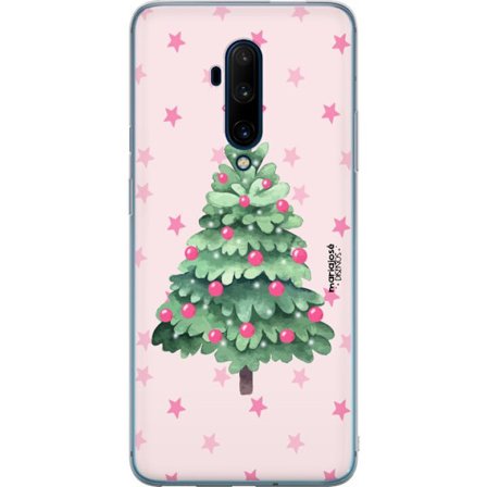 Kompatibelt Mobildeksel til OnePlus 7T Pro Rosa juletre i akvarell med stjerner og kuler, et søtt vinterinspirert julemotiv perfekt for sesongens deko