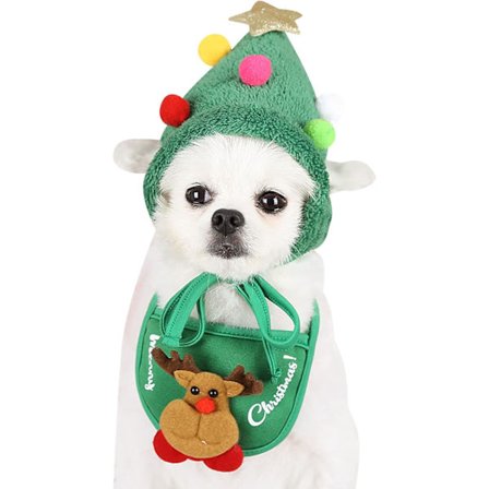 2 Pakke Julehalsbånd og Hatt til Hundevalp Katt, Julehatt og Siklesmekke med Julenisse-Reinsdyrdesign for Små og Mellomstore Hunder og Katter (Grønn)