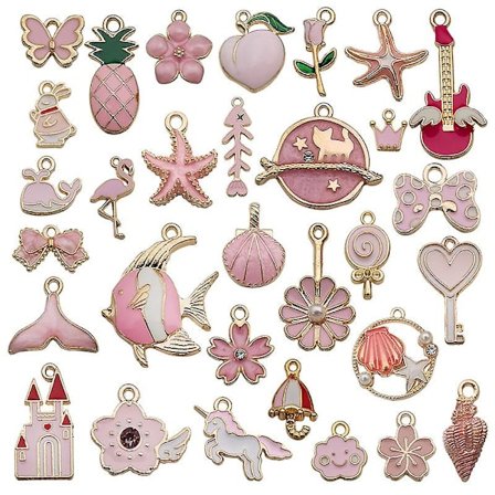 Charms til smykkefremstilling 31 stk. legering charms emalje charms vedhæng til smykker armbånd halskæde håndværk fremstilling(Pink)