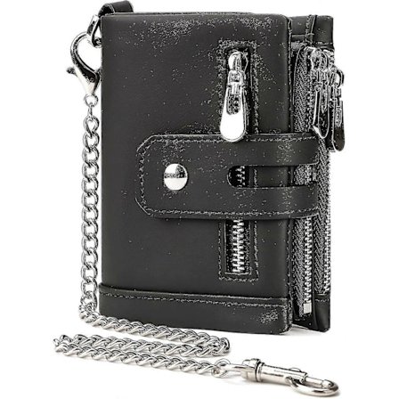 Herre Pung Med Kæde RFID-Blokering Herre Ægte Læderpung Bifold Pung Med Kreditkort Holder Og Lynlås Møntlomme, Sort