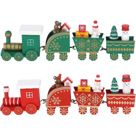 2 Stykker Træ Jule Tog Sæt Mini Jule Miniature Træ Ornamenter Træ Jule Tog med 3 Vogne Træ Tog Legetøj Julegaver