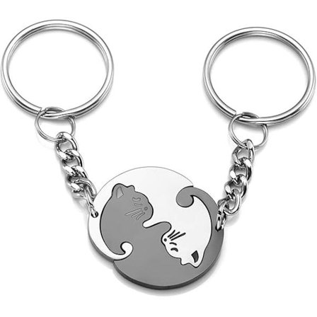 Nyckelringar för par Yin Yang Katt Nyckelring Rostfritt Stål 2 Delar Pussel Katter Nyckelring för Honom och Hennes Vänner Alla Hjärtans Dag Presenter