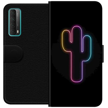 Yhteensopiva Lompakkokotelo Huawei Huawei P smart 2021 Neonpiirros kaktuksista vaaleanpunaisessa ja sinisessä valossa tummaa taustaa vasten