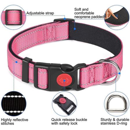 Reflekterande hundhalsband i nylon med säkerhetsspänne, justerbara djurhalsband med mjuk neoprenvaddering för stora hundar