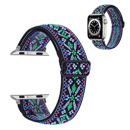 Apple Watch Series 6 / 5 44mm nylon pattern watch band - Blue / Green Tribal Flower