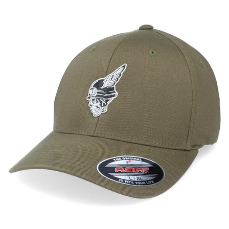 Born To Ride - Grønn flexfit Caps - Skull Biker Logo Olive Flexfit @ Hatstore