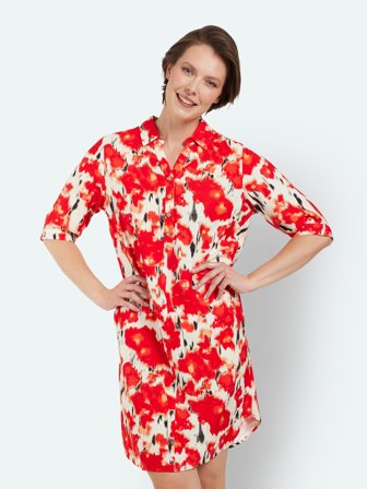 BRANDTEX - 3/4 Ærmet Kjole - Rød Mix - Blomstret