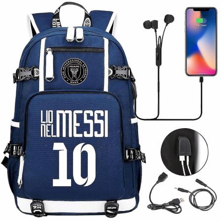 Jalkapallo Messi -reppu | Tilava vedenpitävä matkalaukku | Musta koululaukku USB laturilla | Täydellinen matkoille ja kouluun - Perfet