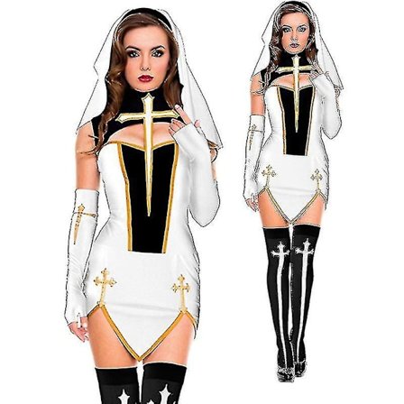 Sexet Nonne Senior Kostume Karneval Halloween Kirke Religiøs Kloster Cosplay Fancy Festkjole -a