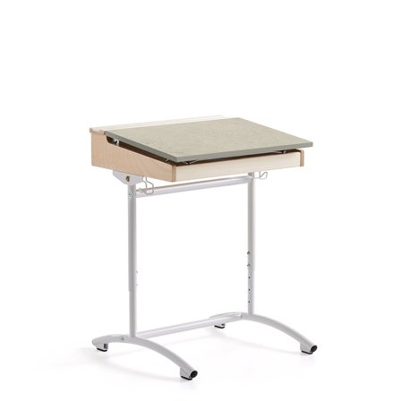 Height-adjustable school desk ACCESS, 650x550 mm, white, grey sound absorbent linoleum